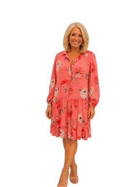 Maison Tara Coral Floral Tiered Long-Sleeve Shirt Dress Size 14W